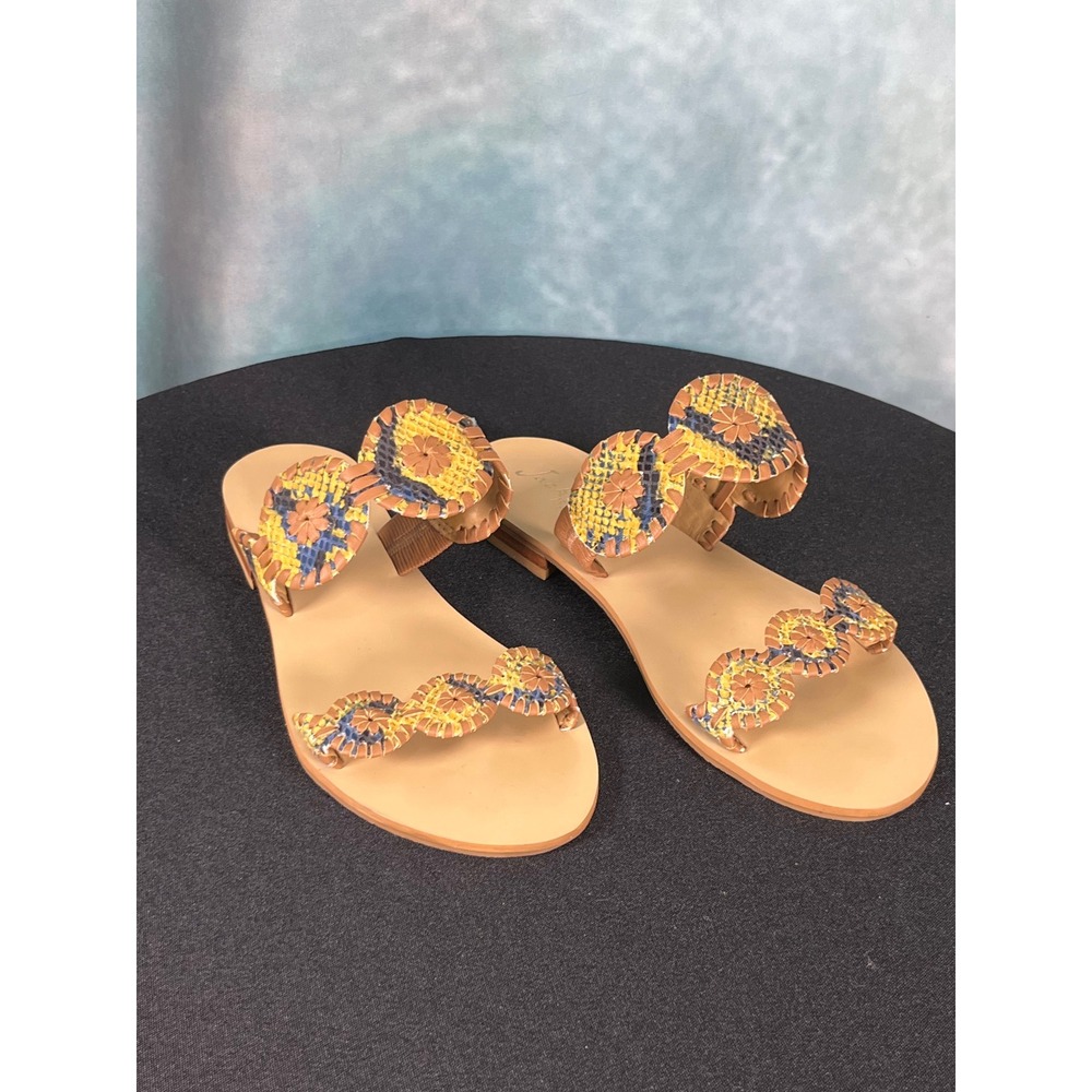 Jack‎ Rogers Yellow Blue Embroidered Whipstitch Leather Slide Sandals Womens 7M